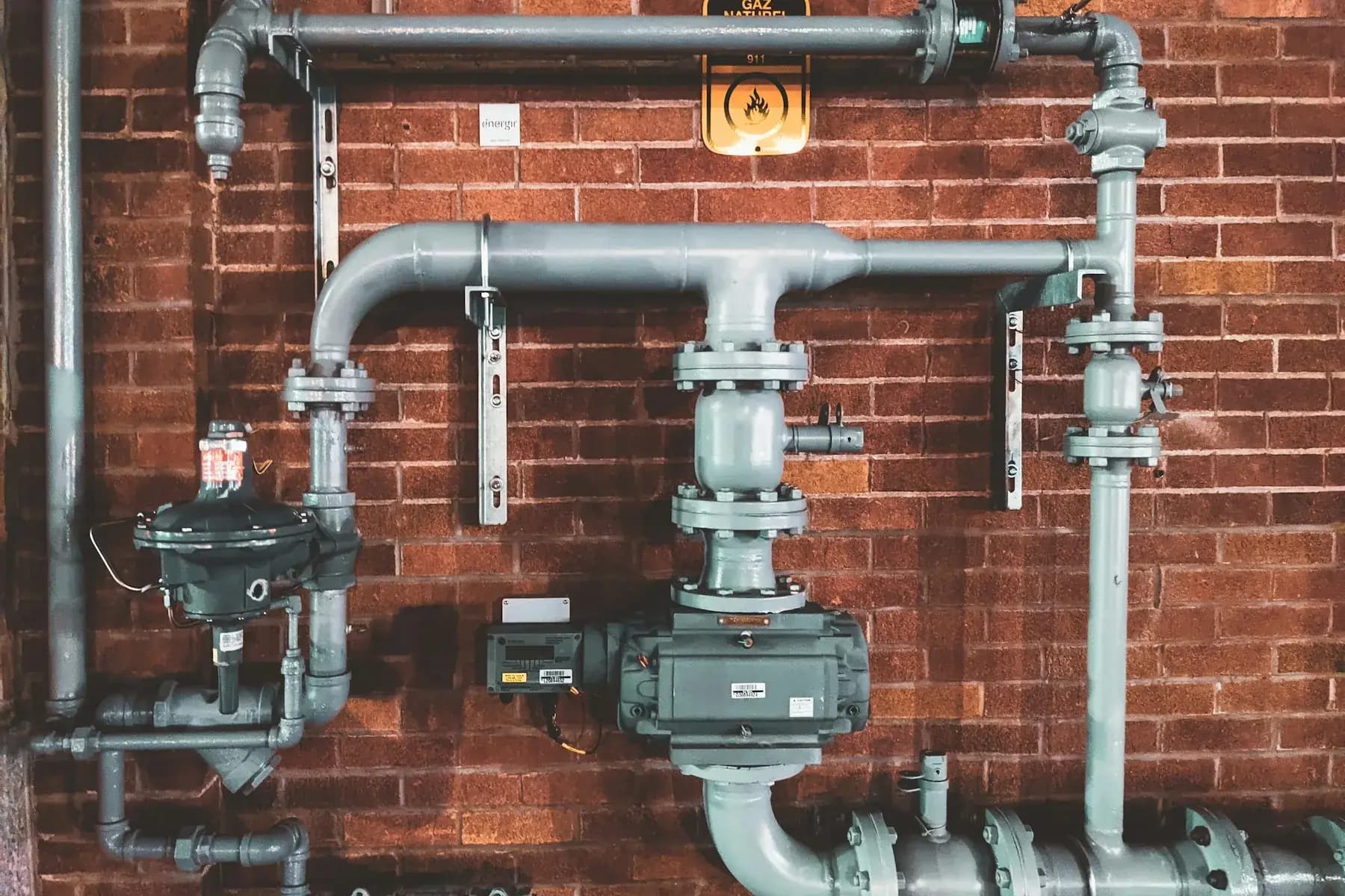 Gas pipework, valves, and a meter mounted on a brick wall